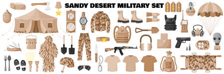 Sandy desert khaki camouflage military set with soldier uniform, khaki camouflage, army equipment, assault rifle, etc. Military concept for army, soldiers and war. Vector cartoon isolated illustrationのイラスト素材