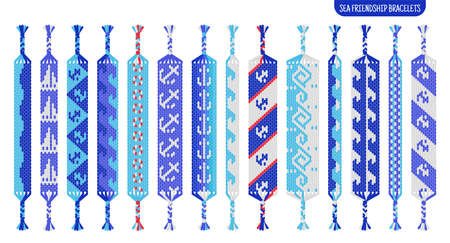 Sea, ocean and anchor handmade friendship bracelets set of threads or beads. Macrame normal pattern tutorial. Vector cartoon isolated illustration.のイラスト素材