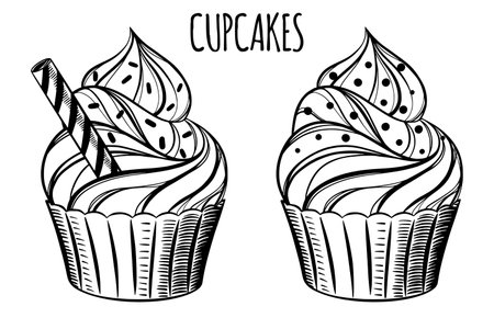 Fresh hand drawn cupcakes and muffins for bakery or pastry shop. Vector outline sketch black isolated illustration.のイラスト素材