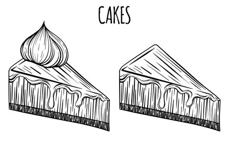 Fresh hand drawn cake, pie or cheesecake for bakery or pastry shop. Vector outline sketch black...