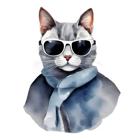 Cheeky cat with black glasses and a blue coat. Watercolor hand painted isolated illustration on white background.の素材