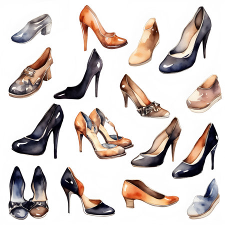 Set of classic women shoes and heels. Watercolor hand painted isolated illustration on white backgroundの素材