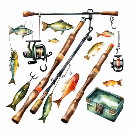 Set of fine fishing rods with a container. Watercolor hand painted isolated illustration on white backgroundの素材