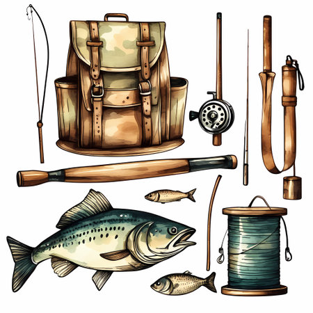 Set of bag with items for fishing. Watercolor hand painted isolated illustration on white backgroundの素材