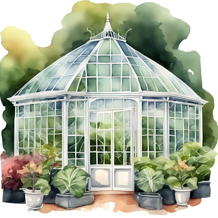 Refined greenhouse with a pot of flowers. Watercolor hand painted illustrationの素材