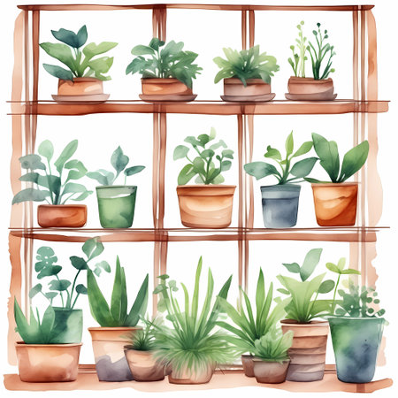 Set of plants in colorful pots. Watercolor hand painted isolated illustration on white backgroundの素材