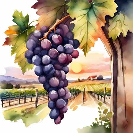 Sunset in the vineyards. Watercolor hand painted illustrationの素材
