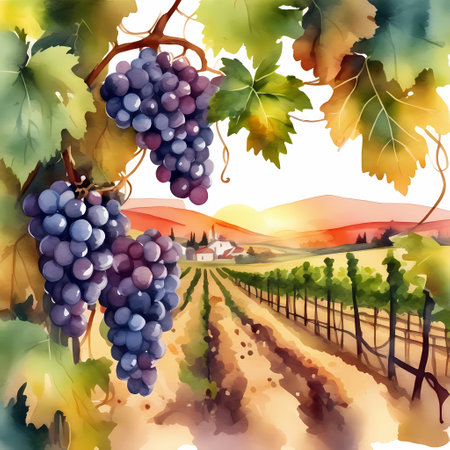 Long rows of vineyard. Watercolor hand painted illustrationの素材