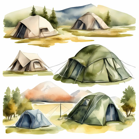 Tent on the yellowed plain. Watercolor hand painted illustrationの素材