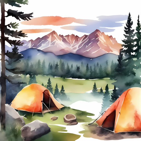 Tent on a mountain pass. Watercolor hand painted illustrationの素材
