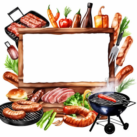 Bavarian sausages with herbs and clean banner. Watercolor hand painted isolated illustration on white backgroundの素材