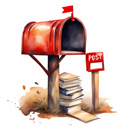 Red mailbox with letters. Watercolor hand painted isolated illustration on white backgroundの素材