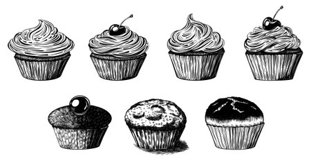 Set of various cupcakes or muffins with filling and cherries. Vector black ink isolated illustration in sketch line style.のイラスト素材