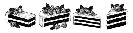 Set of holiday cakes with cream and raspberry in section. Vector black ink isolated illustration in...