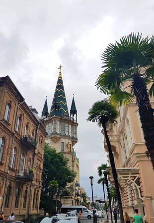 Pointed tower on an old building in the center of Batumiの写真素材