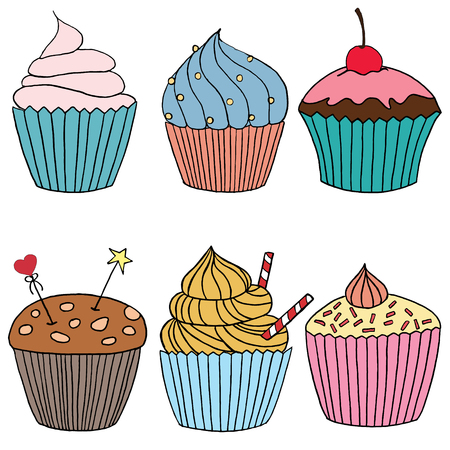 Vector cupcake illustration. Set of hand drawn cupcakes. Doodle cakes with cream and berries.のイラスト素材