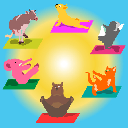 Vector hand-painted yoga postures with cartoon animals in different poses for body care and feet in the lotus health and fitness, wellness and spirituality conceptのイラスト素材
