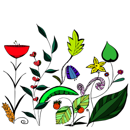 Background of vegetation, hand-drawn flower patterns, vector illustrationのイラスト素材