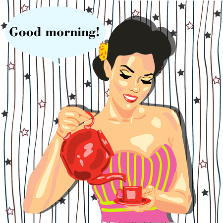Illustration of a girl with a teapot, tea, coffee, cafe, restaurantsのイラスト素材