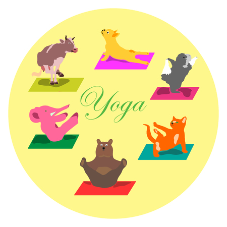 Vector hand-painted yoga postures with cartoon animals in different poses for body care and feet in the lotus health and fitness, wellness and spirituality conceptのイラスト素材