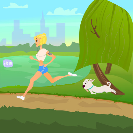 Creative design on the topic of healthy lifestyle. The girl is engaged in sports with the dog outdoors, in a Park, vector illustrationのイラスト素材