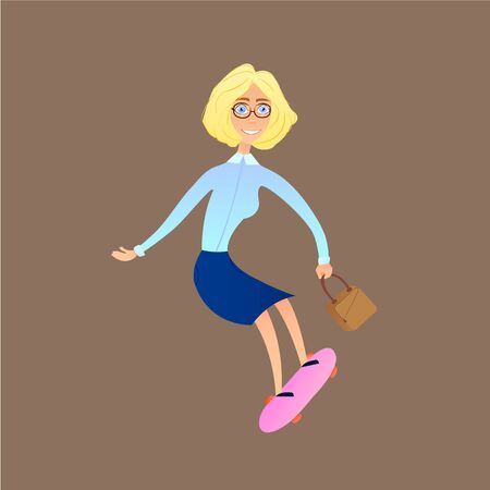 Businesswoman hurrying to work riding a skateboard, vector illustrationのイラスト素材
