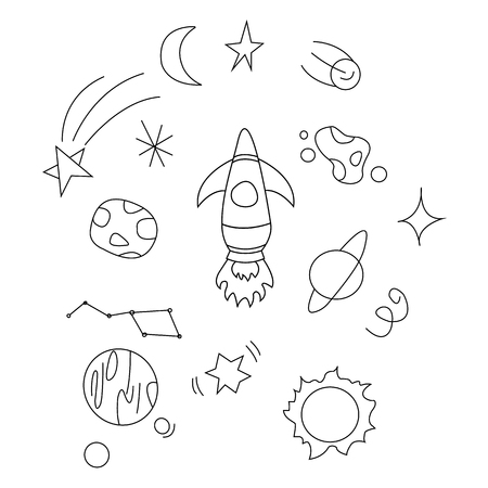 Postcard with the image of the cosmos, the universe, comets, stars, planets and rocket, vector illustration.のイラスト素材