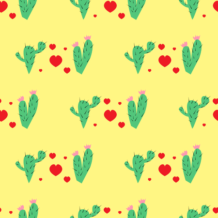 Pattern with the image of two cacti and red hearts on a yellow background, vector illustration.のイラスト素材