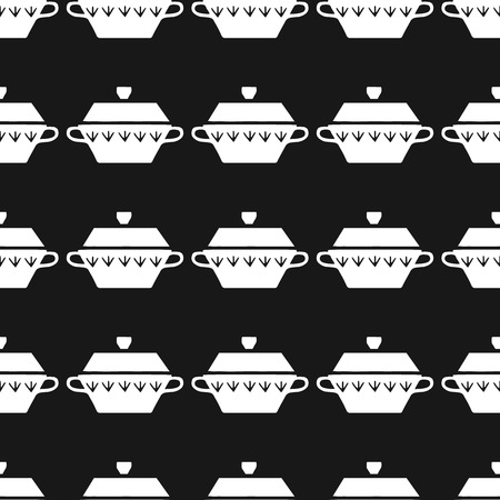 Vector hand drawn poster in the style of "Hygge" and seamless pattern with a picture of a pan in Scandinavian folk patterns. For the menu of tea cafe, packing, posters.のイラスト素材