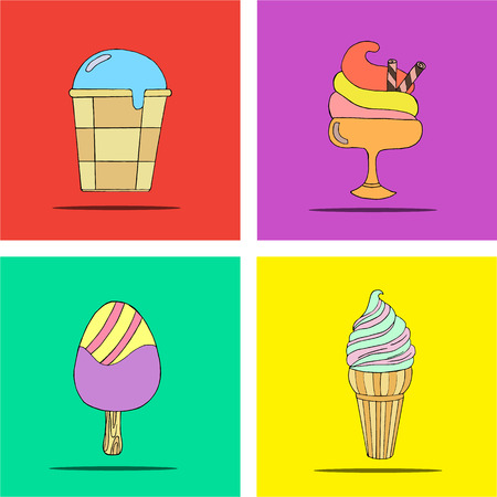 Cute hand drawn with different types of ice cream. Doodle texture with sweet desserts. Perfect background for cafe or restaurant menu. Vector illustration.のイラスト素材