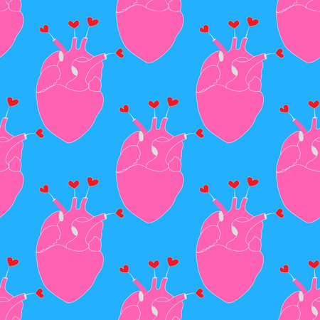 Seamless repeat pattern with pink heart (the internal organ) on blue background, vector...