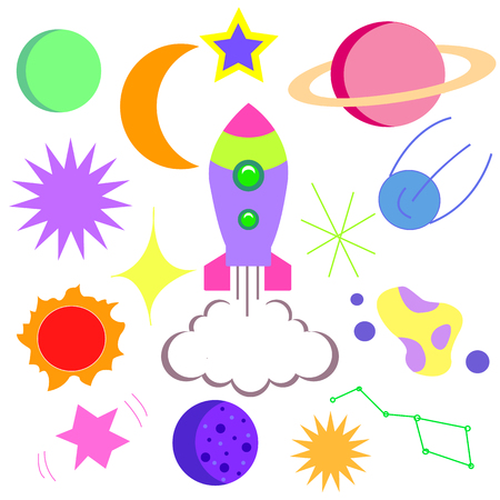 Bright card space, with the image of a comets, stars, rockets, planets, vector illustration.のイラスト素材
