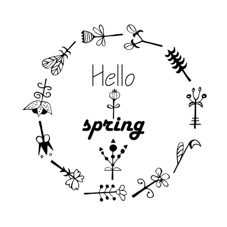 Black-and-white postcard "hi spring" with a picture of a flower wreath. Vector illustration.のイラスト素材