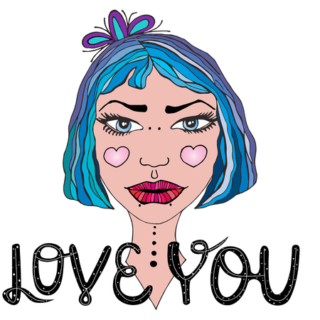 Postcard with girl and inscription I love you. Vector illustration EPS10. Colorful design for poster, print on the t-shirt, card, invitation. Easy editable for design.のイラスト素材