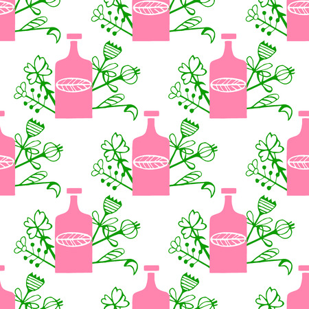 Vector hand-drawn poster in the style of "Hygge" and a pattern with bottles with folk patterns. For the menu of tea cafe, packing, posters.のイラスト素材