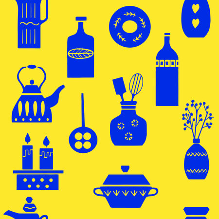 Vector hand drawn poster in the style of "Hygge". seamless pattern.  Kitchenware in the Scandinavian folk patterns. For the menu of tea cafe, packing.のイラスト素材