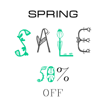 Phrase Spring Sale 50% off. Vector illustration. Colorful design for poster, card, invitation. Easy editable for design.のイラスト素材