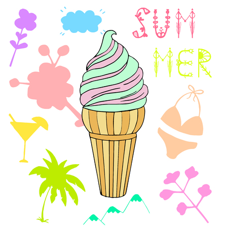 Vector illustration of an ice cream. Doodle texture with swet dessert. Perfect background for cafe or restaurant menu.のイラスト素材