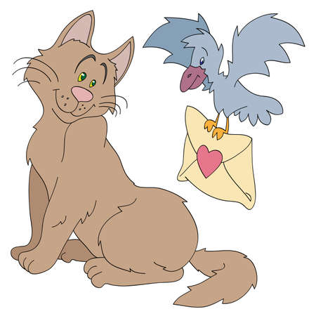 The bird brings a love letter to a catのイラスト素材