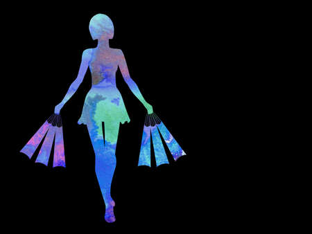 Silhouette of girls carrying bags, painted in watercolor on a black backgroundの写真素材