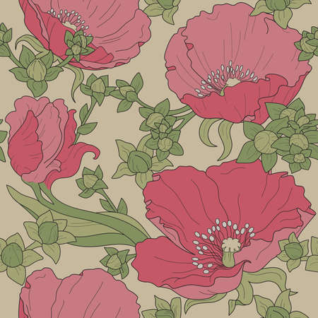 Seamless floral ornament with poppies and buds on beige backgroundの写真素材