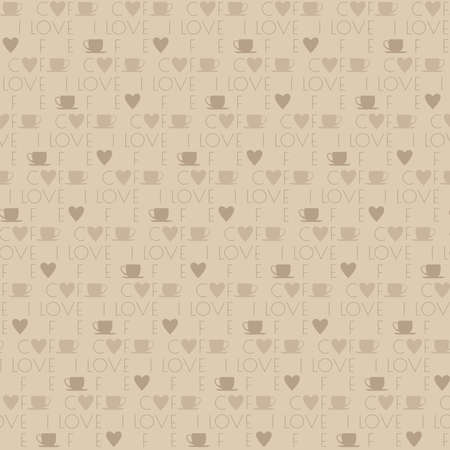 seamless pattern of cross lettering Â«I loveÂ» Â«coffeeÂ» with silhouettes of cups and hearts on a cream backgroundの写真素材