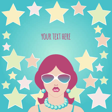 A serious girl with purple hair in sunglasses and beads on a turquoise background with yellow, pink and light star stars and a place for your textのイラスト素材