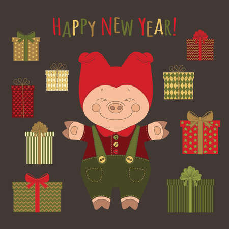 Vector image of a pig in a suit with a lot of gifts in multi-colored boxes with knotted bows and an inscription in multicolored letters Happy New Year!のイラスト素材