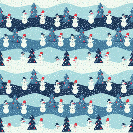 Vector Seamless Ornament - Striped Background with Snowmen, Christmas Trees and Snow Flakesのイラスト素材