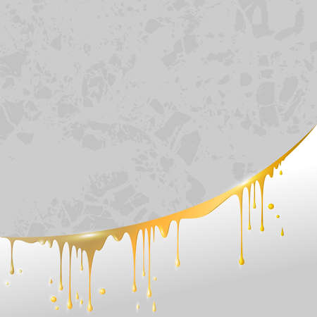 drops and smudges of liquid gold, paint, beer and honey, located in an arc, in the square light grey textured background for your textのイラスト素材