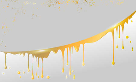 drops and smudges of liquid gold, paint, beer and honey, located in an arc, in the horizontal light grey golden textured background for your textのイラスト素材