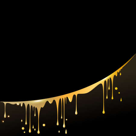 drops and smudges of liquid gold, paint, beer or honey, located in an arc, in the square black background for your textのイラスト素材