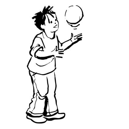 Black outline hand drawn boy playing ball, sketch child contour with ball, ink brush drawing little playerのイラスト素材