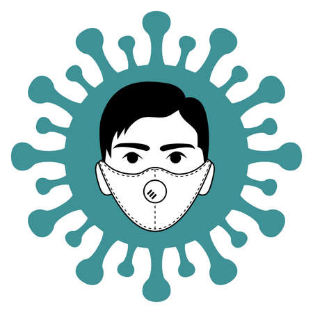 Black and white outline male face in a protective medical mask on the background of blue virusのイラスト素材